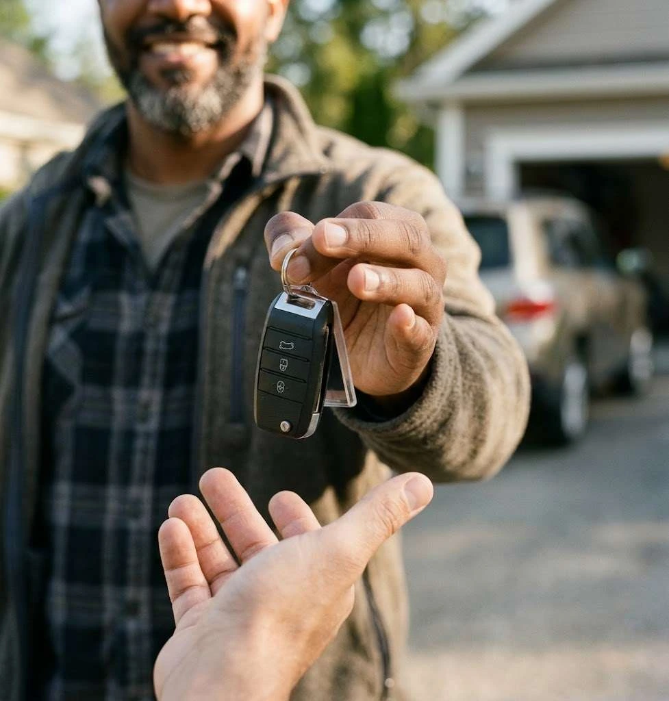 A private seller handing car keys to a dealership buyer