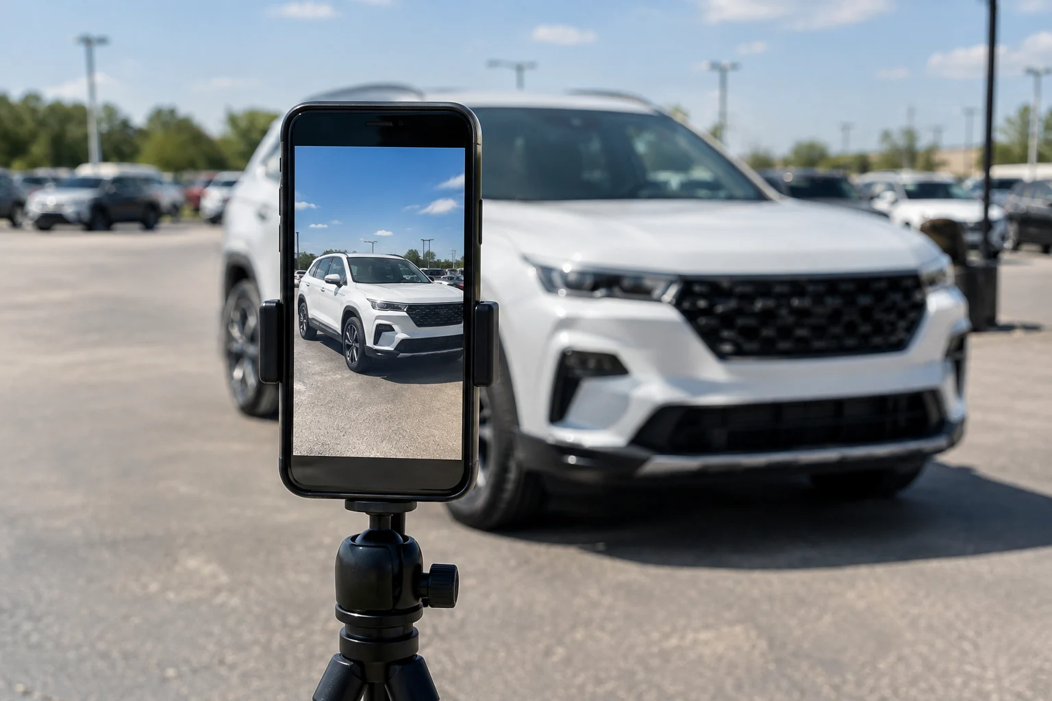 A phone on a tripod filming a used SUV on a dealer lot