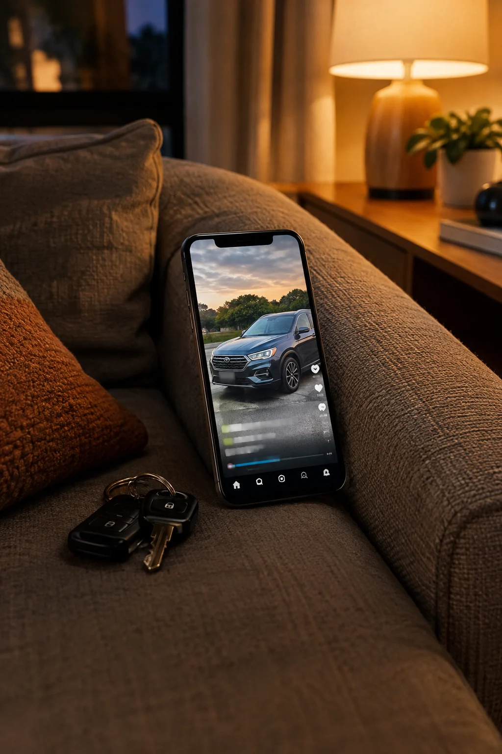 A car owner at home at night with a laptop and the car in the driveway