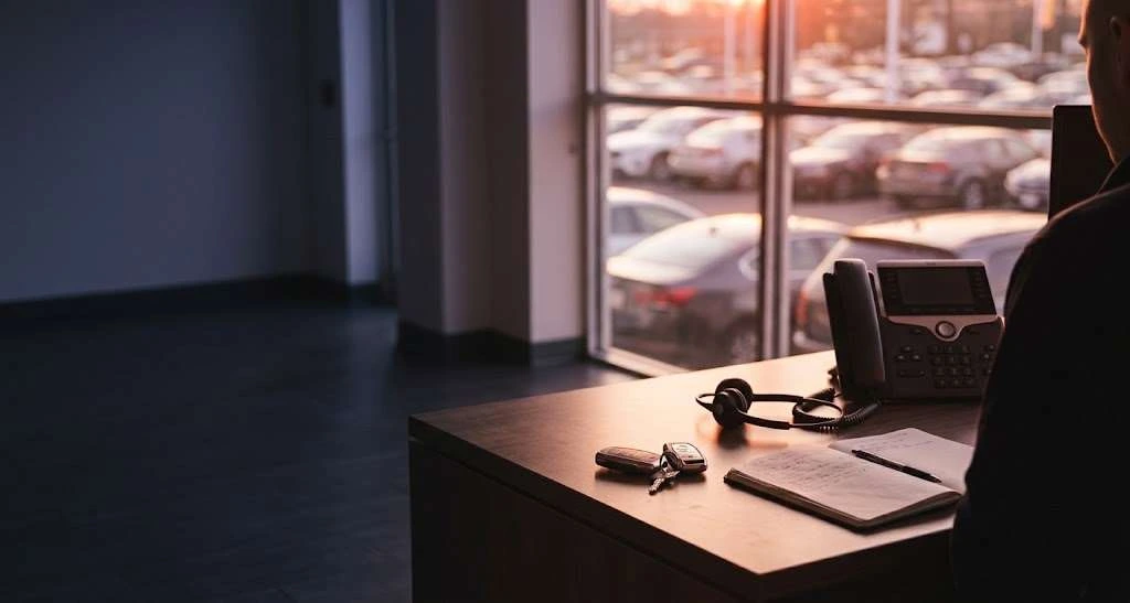 A dealership buying desk with a phone, headset and car keys