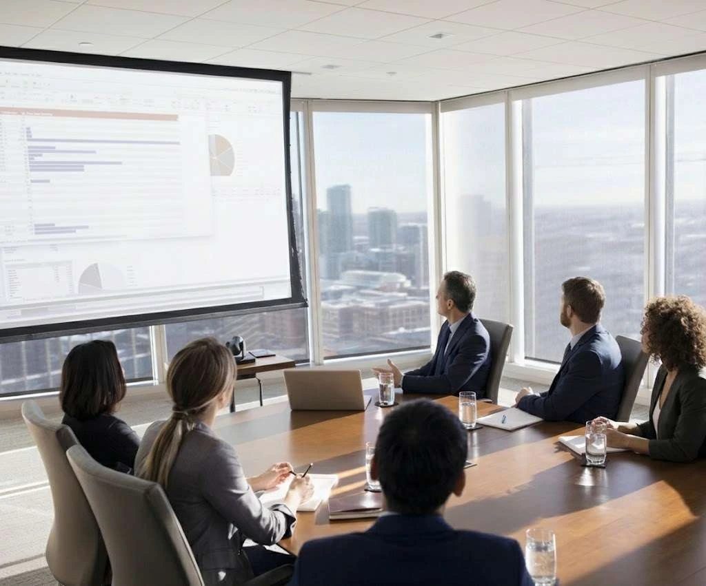 Managers reviewing acquisition numbers on a wall screen