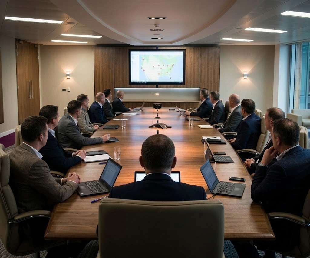 Dealer group leaders in a boardroom with a store map