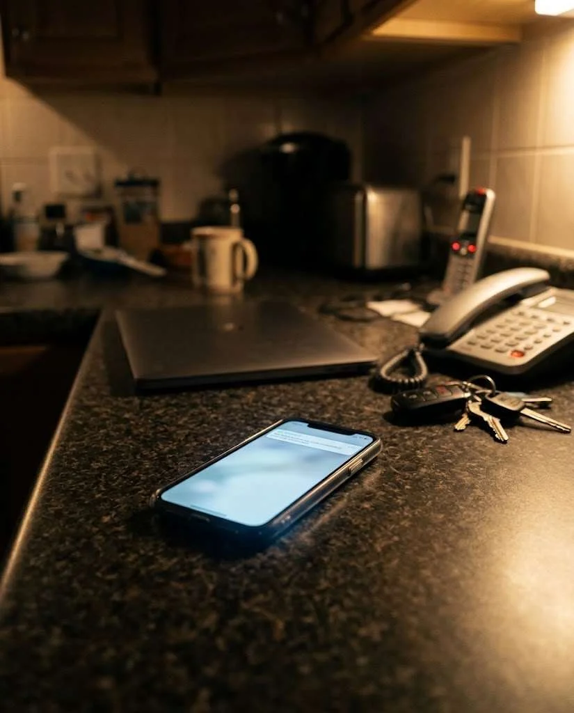 A buyer desk with a phone, car keys and a headset by the lot window