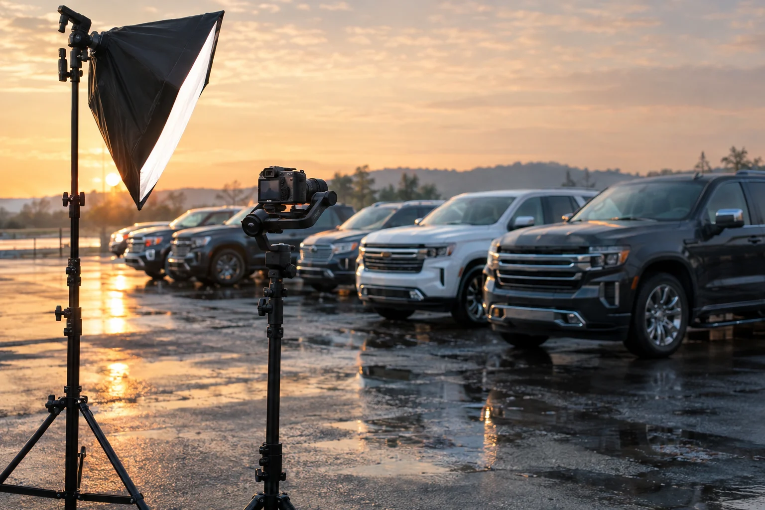 Rows of used vehicles on a dealership lot in the early morning