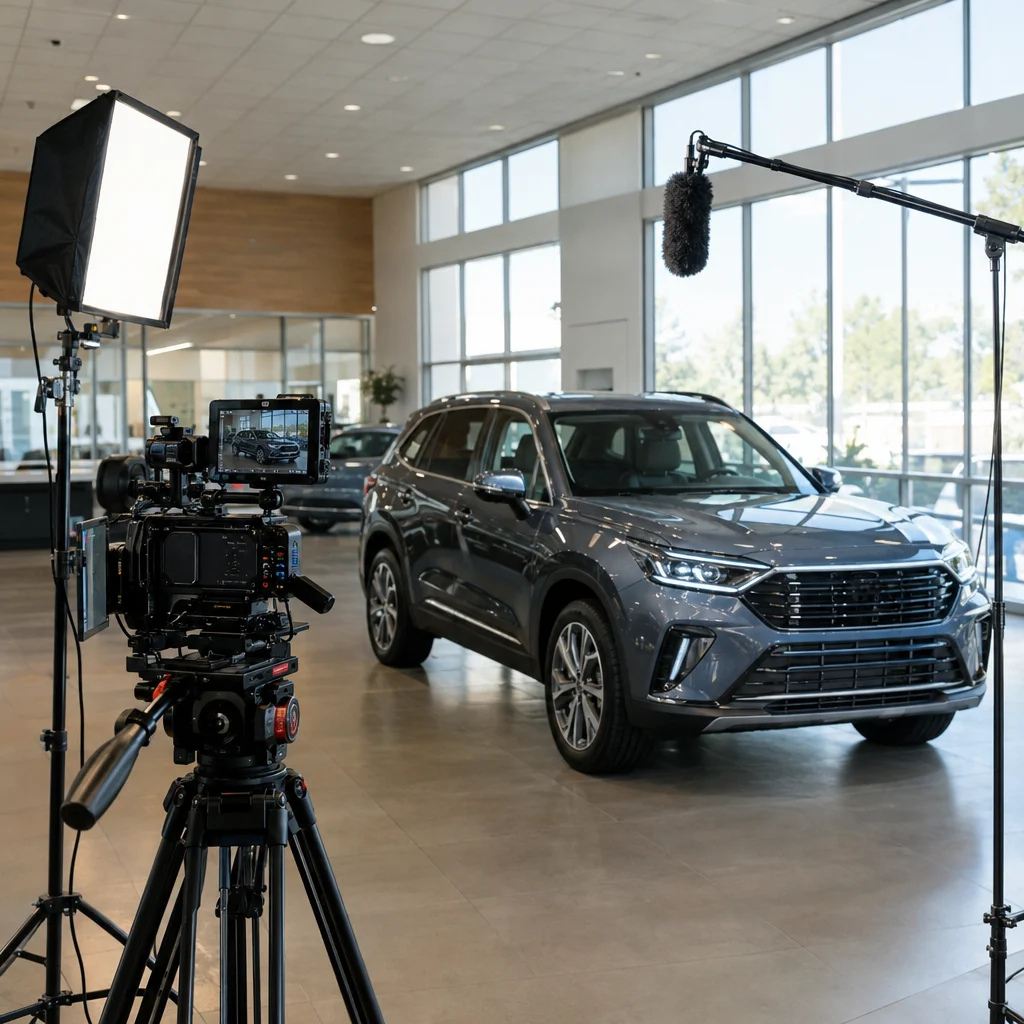 A camera on a tripod filming a car inside a dealership showroom