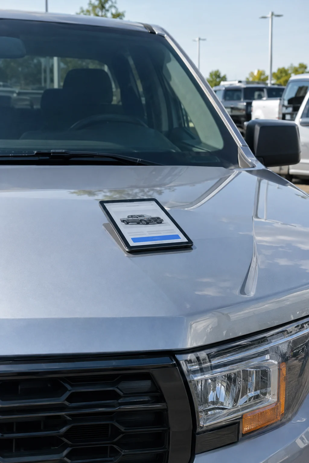 A tablet showing a vehicle offer on the hood of a car