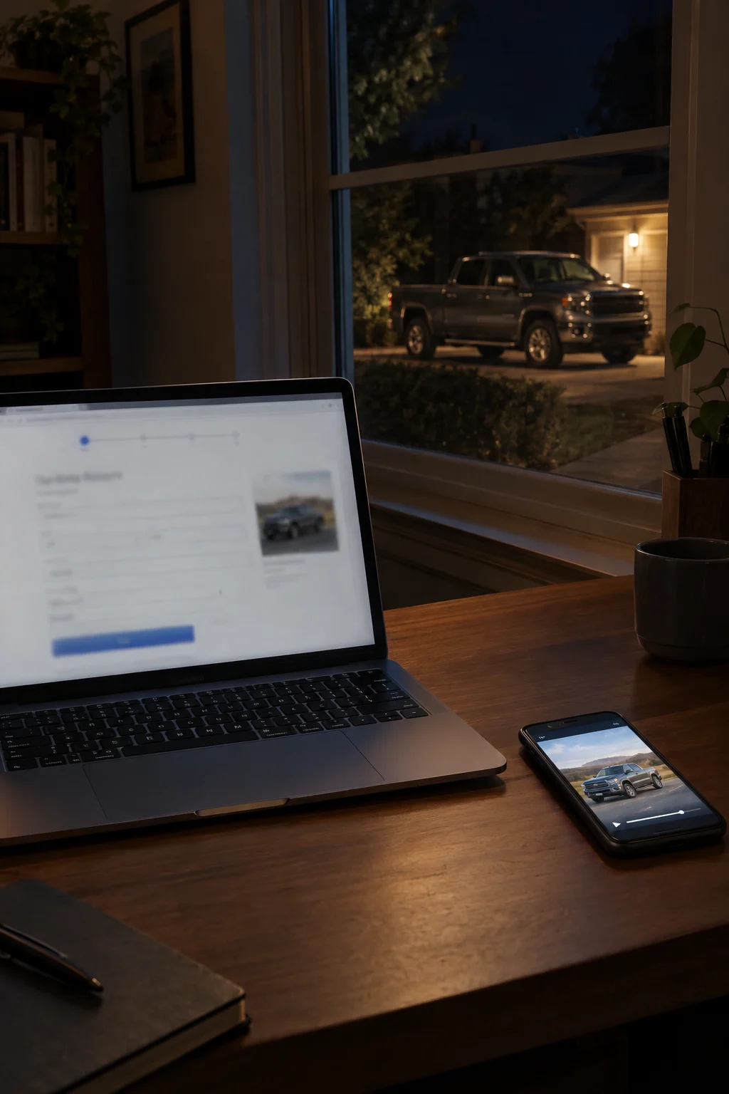 A car owner at home at night with a laptop and the car in the driveway