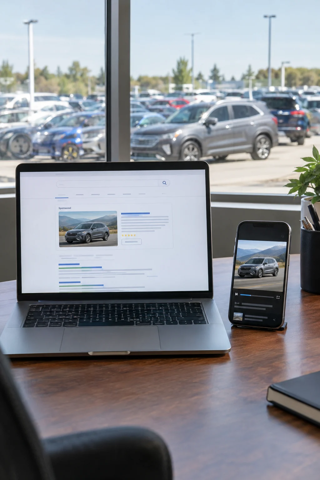 An acquisition results dashboard on a screen in a dealership meeting room