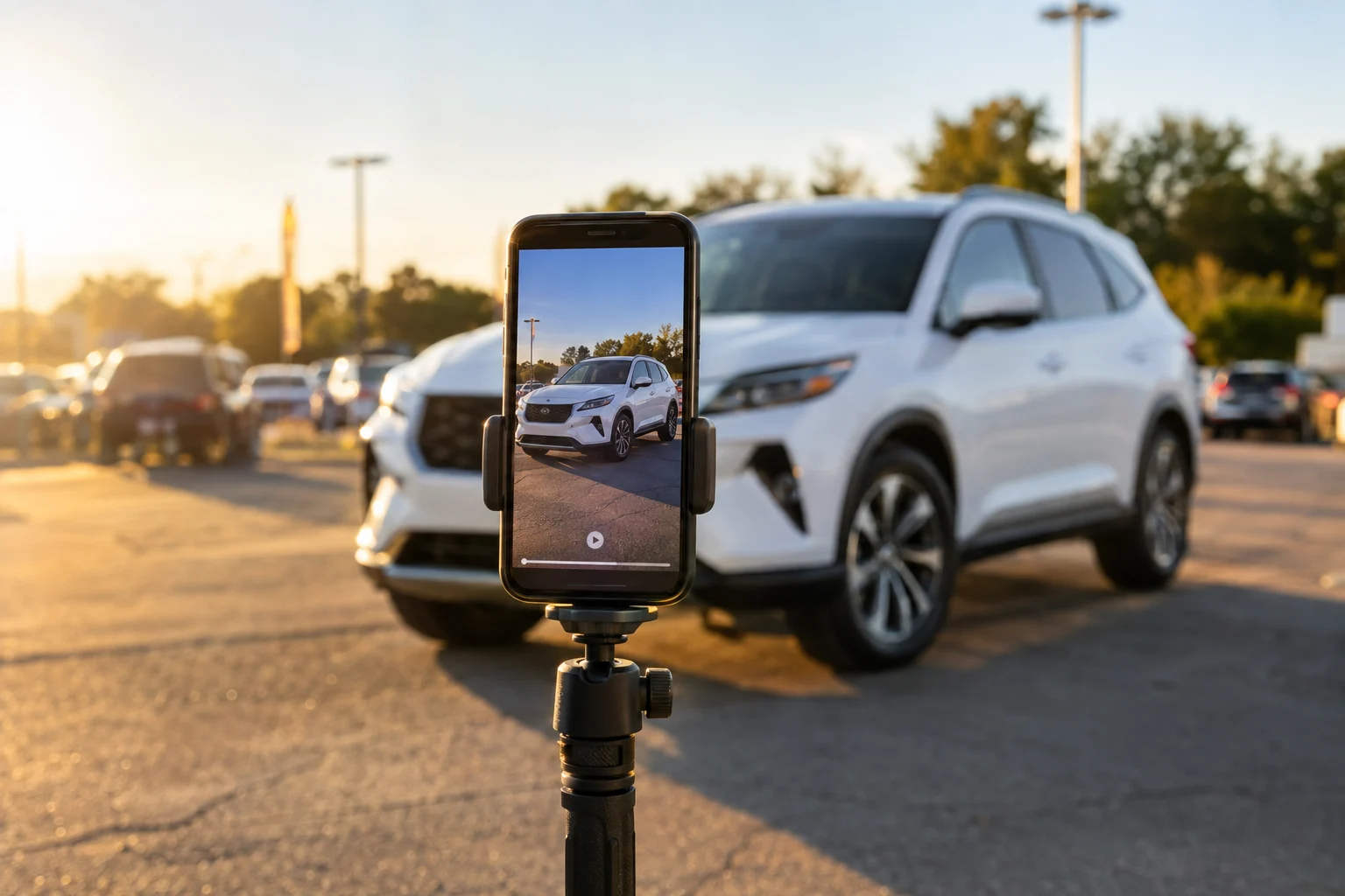 A phone on a tripod filming a short video of a used SUV on a dealer lot