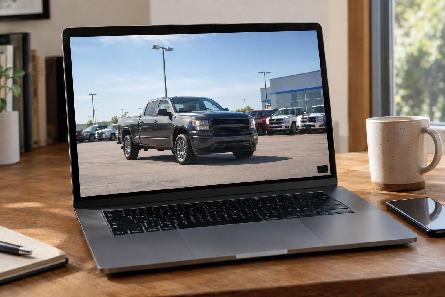 A car buyer appraising a used car with the seller on a dealership lot