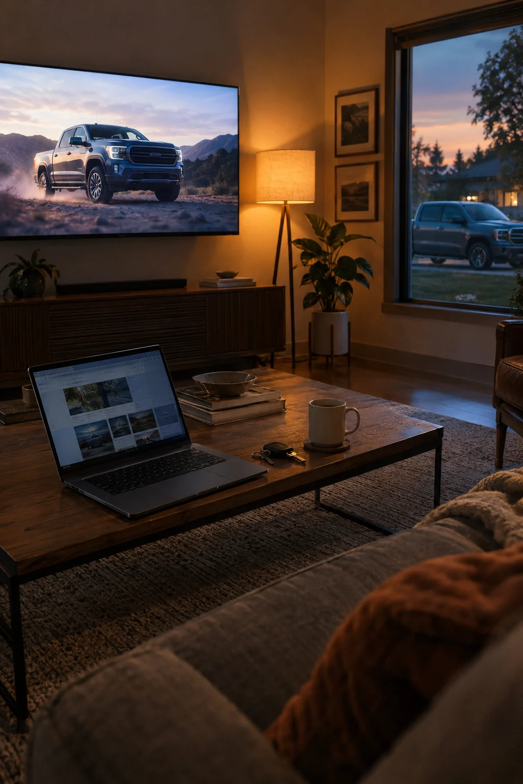 A car owner at home at night with a laptop and the car in the driveway
